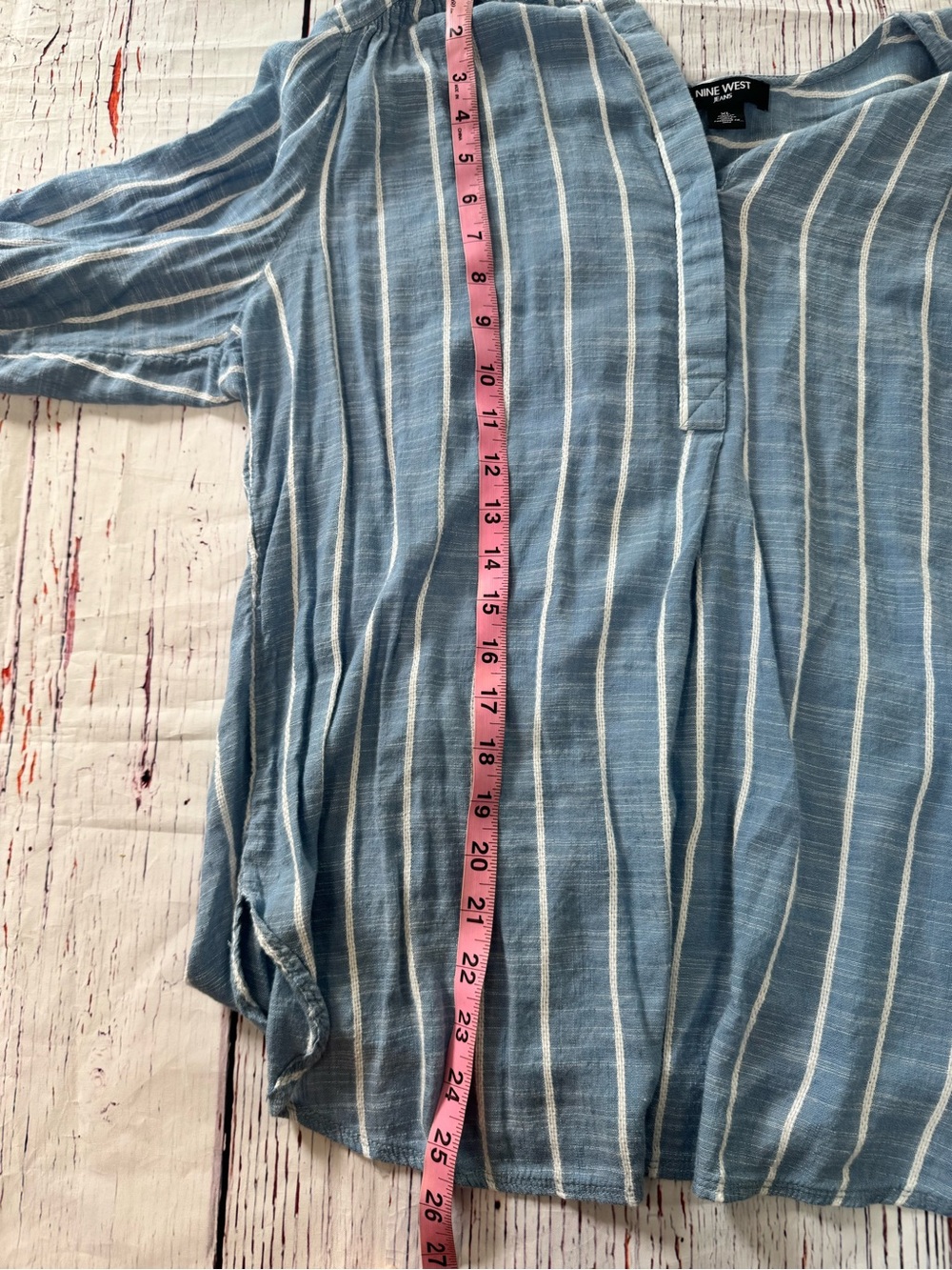 Nine West Jeans XL Blue White Stripe Tunic Blouse Split Neck 3/4 Sleeve Coastal - Picture 10 of 10